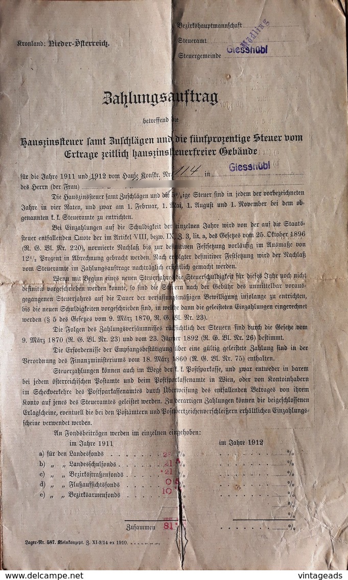 AD194 Alter Zahlungsauftrag Steuervorschreibung, Gießhübl 1911/1912 - Autriche