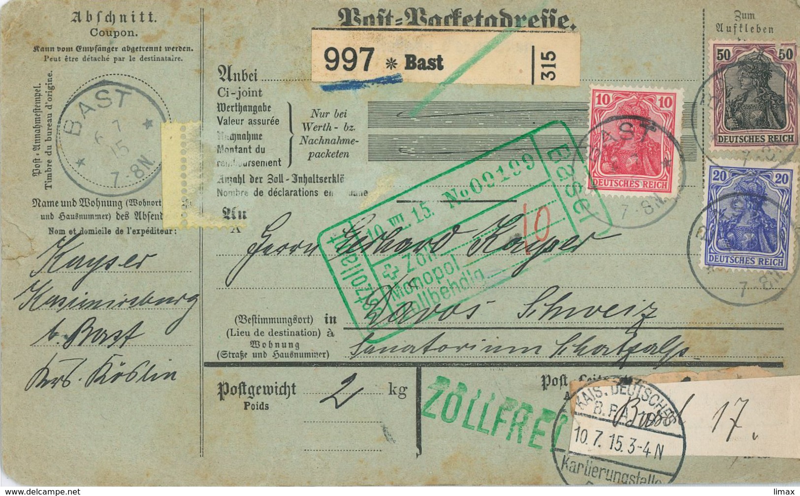 Paketkarte Nach Davos Schatzalp Sanatorium Mann Zauberberg Von Bast Dt. Kartierungsstelle Basel 1915 - Covers & Documents