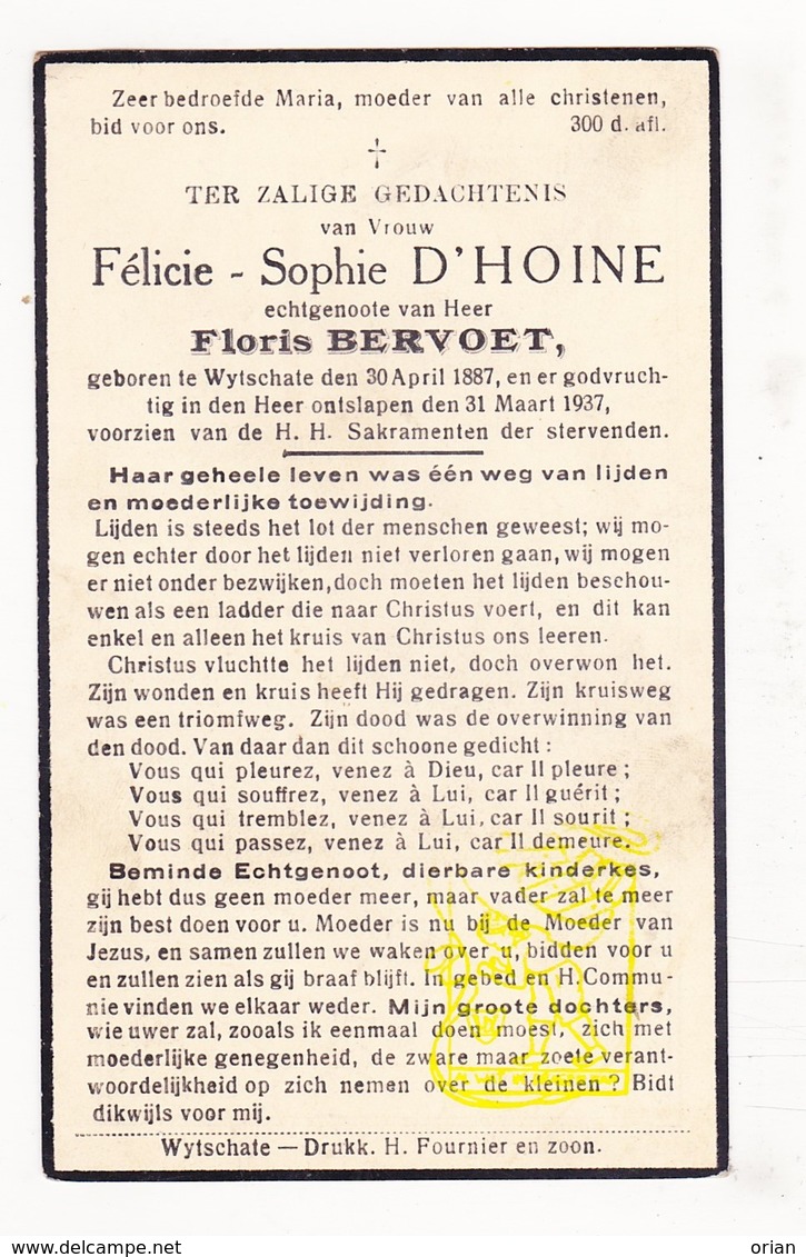 DP Félicie S. D'Hoine ° Wijtschate Heuvelland 1887 † 1937 Floris Bervoet - Images Religieuses