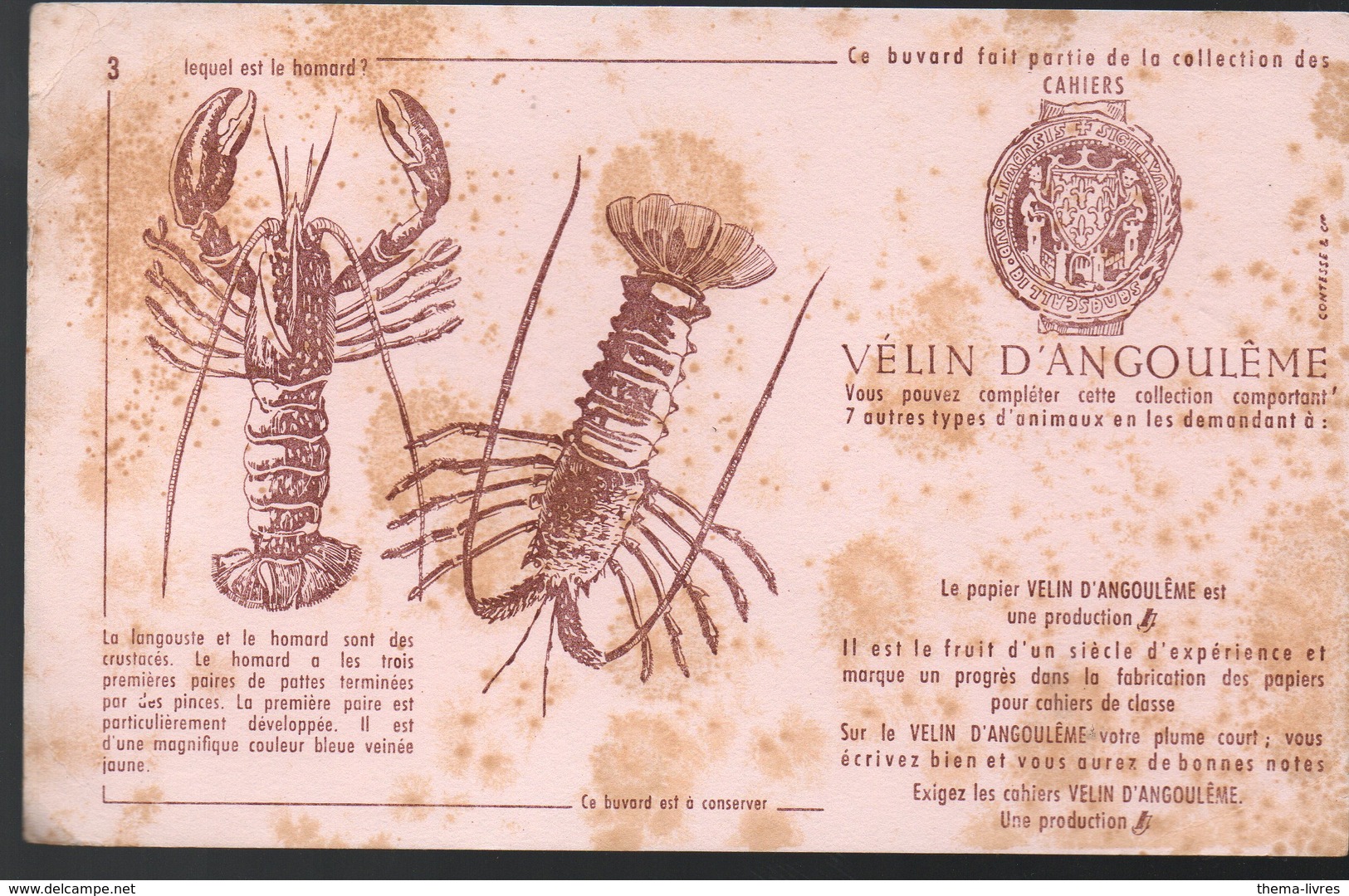 Buvard VELIN D'ANGOULEME N°3: Homards Et Langoustes (PPP10310) - Papeterie