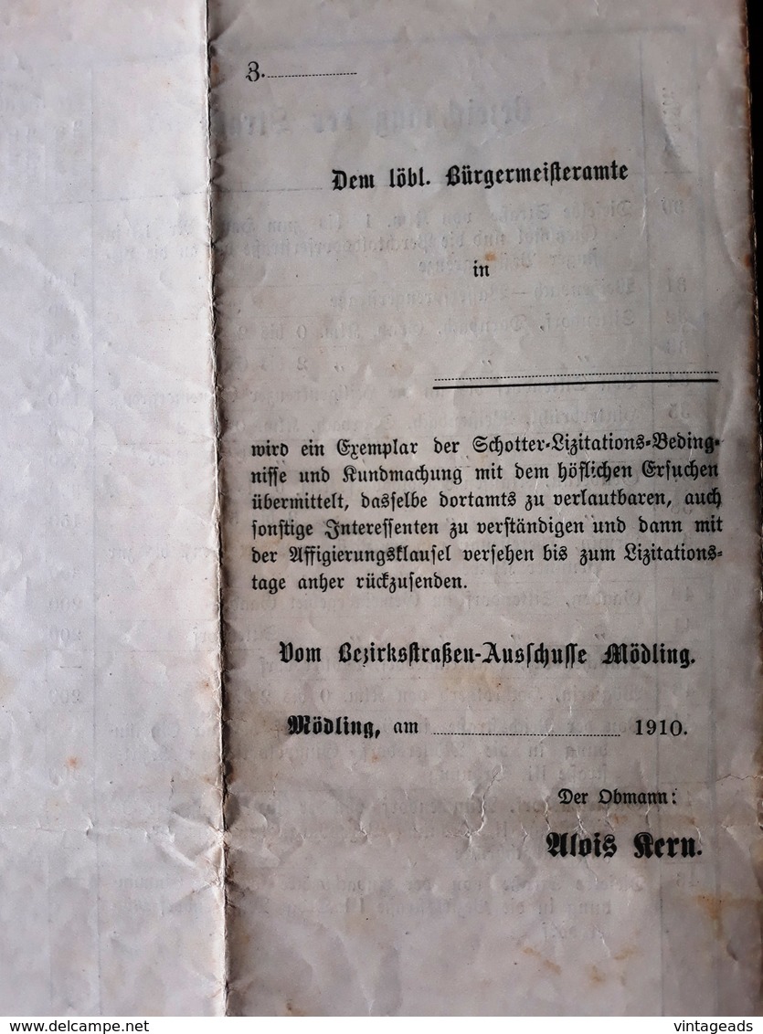 AD206 Ausschreibung Schotter-Lizitations-Kundmachung, Mödling Jänner 1910 - Historische Dokumente