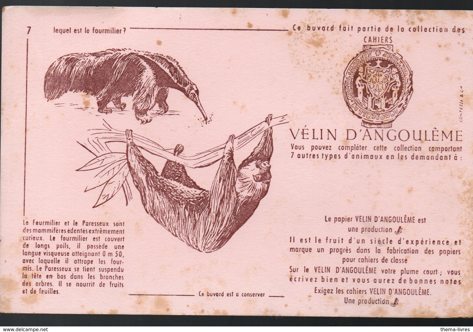 Buvard VELIN D'ANGOULEME N°7: Fourmilier Et Paresseux   (PPP10308) - Papeterie