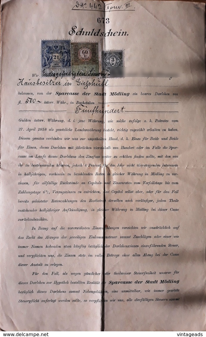 AD208 Alter Schuldschein Sparcasse Der Stadt Mödling, 1897, Mit Stempelmarken - Historische Dokumente