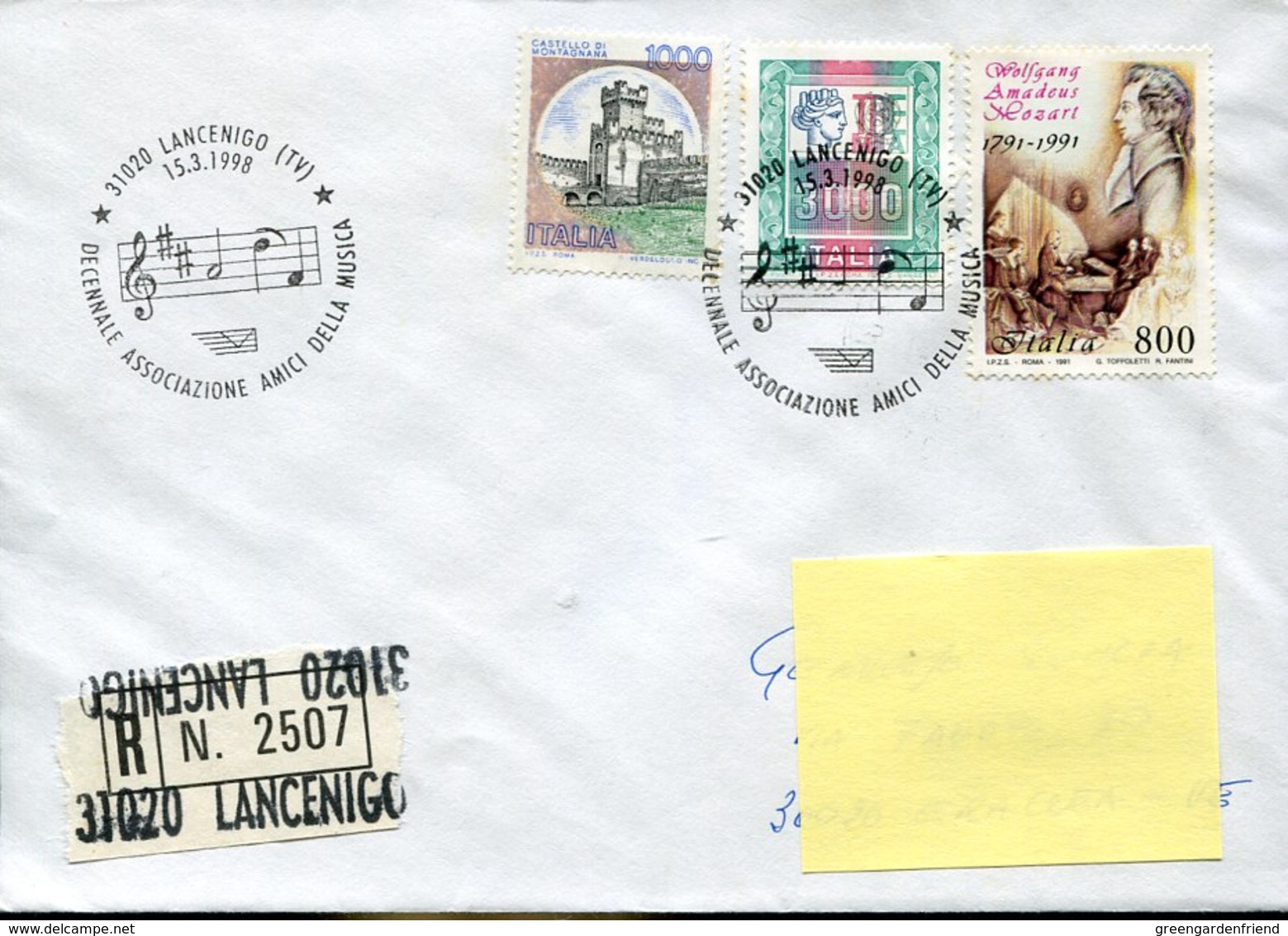 43580  Italia,special Postmark 1998 Lancenigo  Registered Circuled ,music Friends, Noten Of Amadeus Mozart - Music