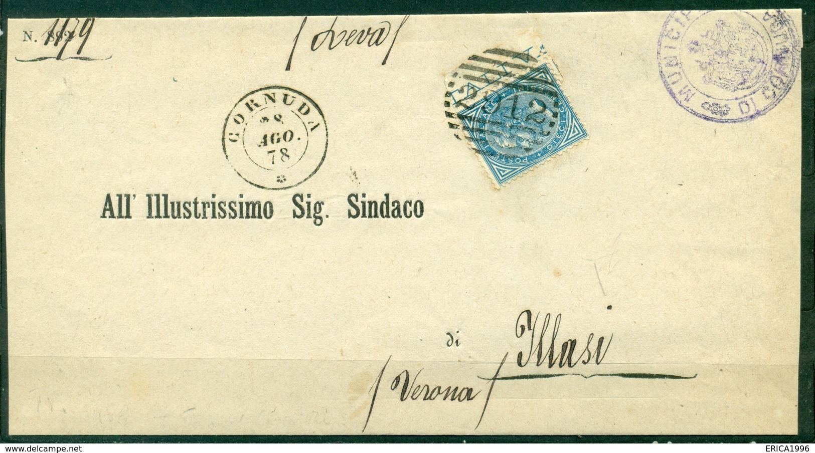 Z788 ITALIA REGNO 1878 NUMERALE 2912 CORNUDA Punti 8, Piego Amministrativo Affrancato Con VEII 10 C. E Annullo Numerale - Storia Postale