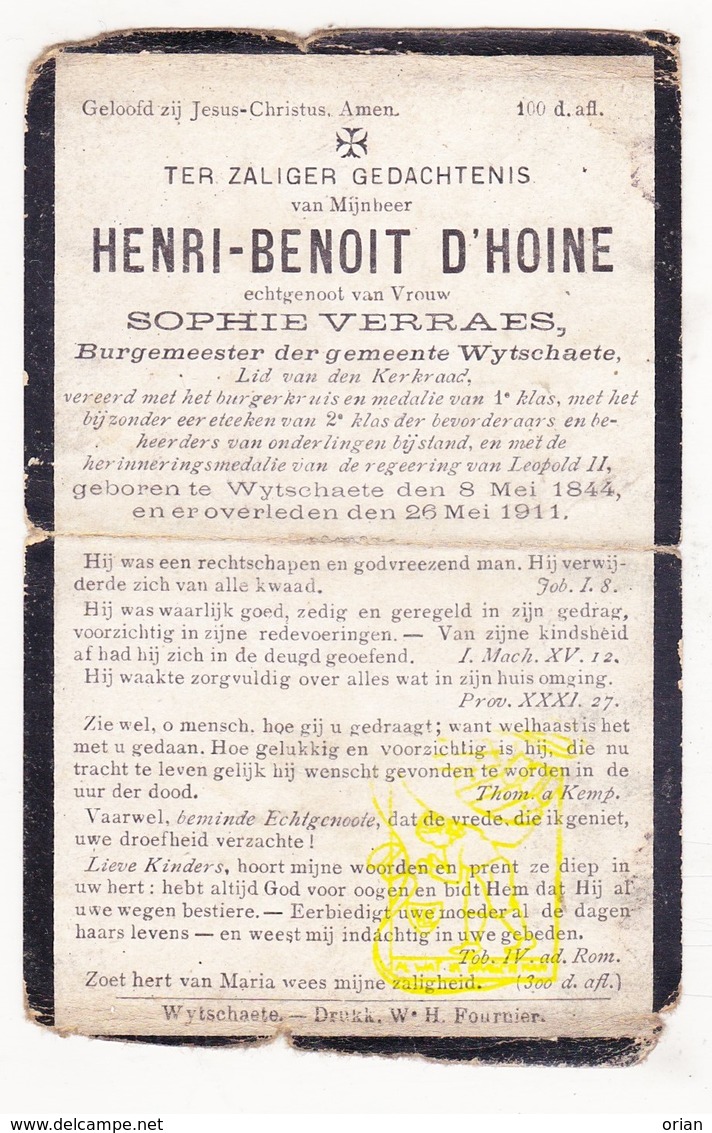 DP Burgemeester Henri B. D'Hoine ° Wijtschate Heuvelland 1844 † 1911 X Sophie Verraes - Images Religieuses