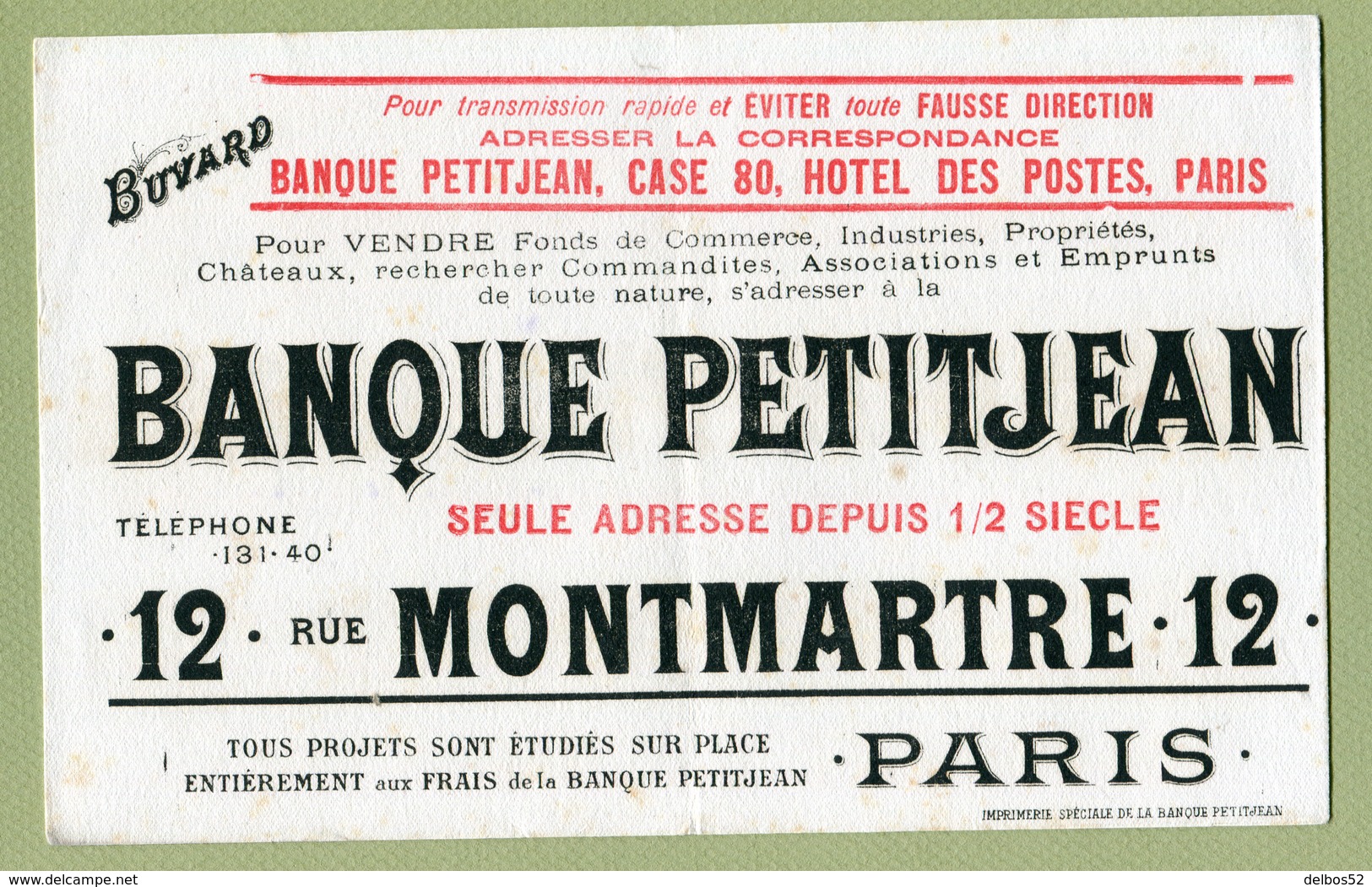" BANQUE PETITJEAN - 12 Rue MONTMARTRE " - Banca & Assicurazione