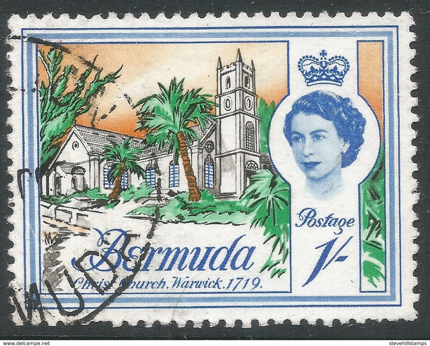 Bermuda. 1962-68 QEII. 1/- Used. Upright Block CA W/M SG 171 - Bermuda