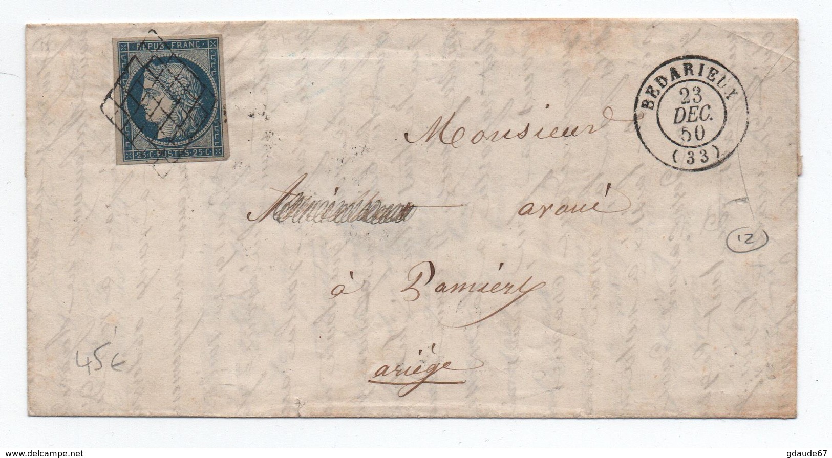 1850 - LETTRE Avec GRILLE Sur CERES N° 4 + TYPE 15 De BEDARIEUX (HERAULT) - 1849-1876: Période Classique