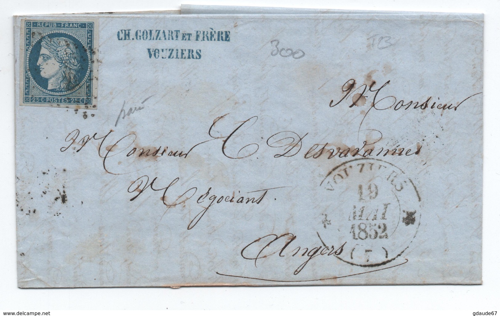 1852 - LETTRE Avec TYPE 12 De VOUZIERS (ARDENNES) & PC 3683 Sur CERES N° 4 - 1849-1876: Classic Period