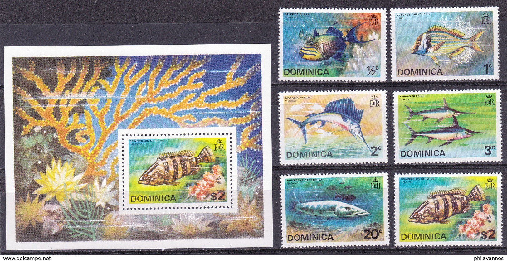 DOMINICA,  N° 414/419+ Bloc 30, 1975, Cote 20€, Poissons( W1903/029) - Dominique (1978-...)