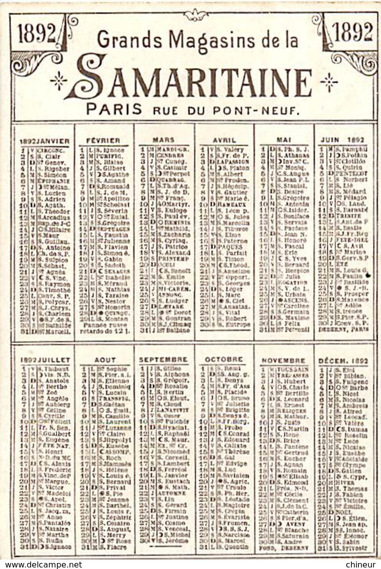 CHROMO GRANDS MAGASINS DE LA SAMARITAINE PARIS CALENDRIER 1892 - Autres & Non Classés