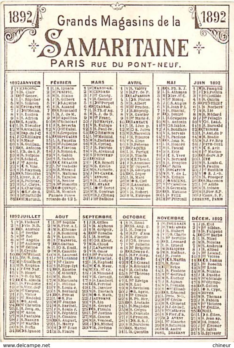 CHROMO GRANDS MAGASINS DE LA SAMARITAINE PARIS CALENDRIER 1892 - Autres & Non Classés