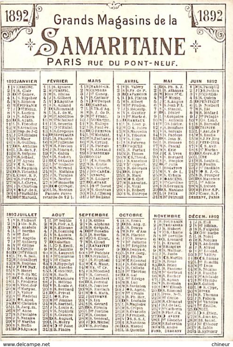 CHROMO GRANDS MAGASINS DE LA SAMARITAINE PARIS CALENDRIER 1892 - Autres & Non Classés