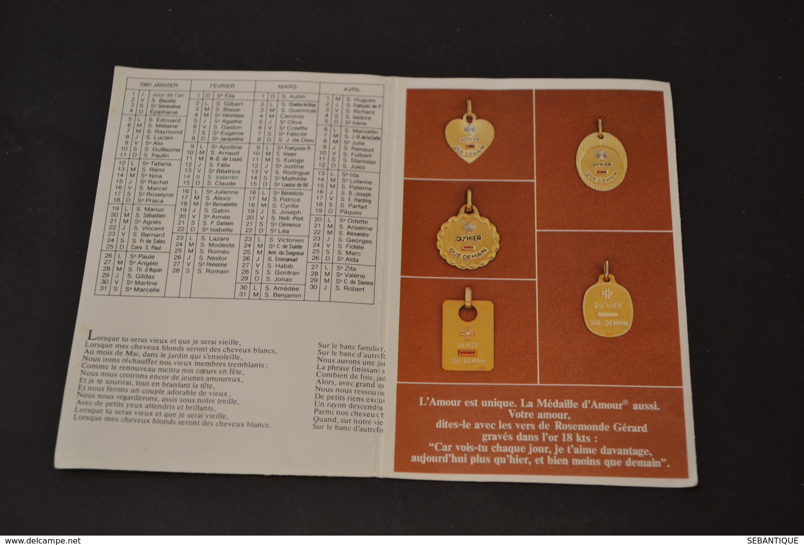 Mini Calendrier 1981 Médaille D'amour AUGIS - Petit Format : 1981-90