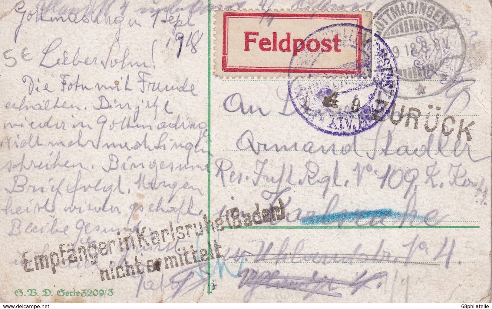 ALLEMAGNE 1918 FELDPOST KARTE DE GOTTMADINGEN ET ZURÜCK - Briefe U. Dokumente