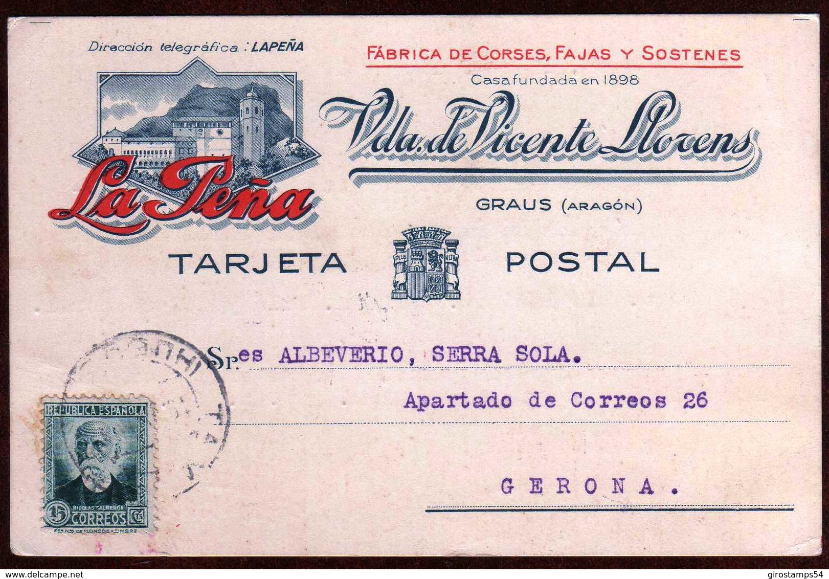 Girostamps54.- TARJETA COMERCIAL DE LA PEÑA, CIRCULADA DESDE GRAUS (ARAGÓN) A GERONA - Cartas & Documentos