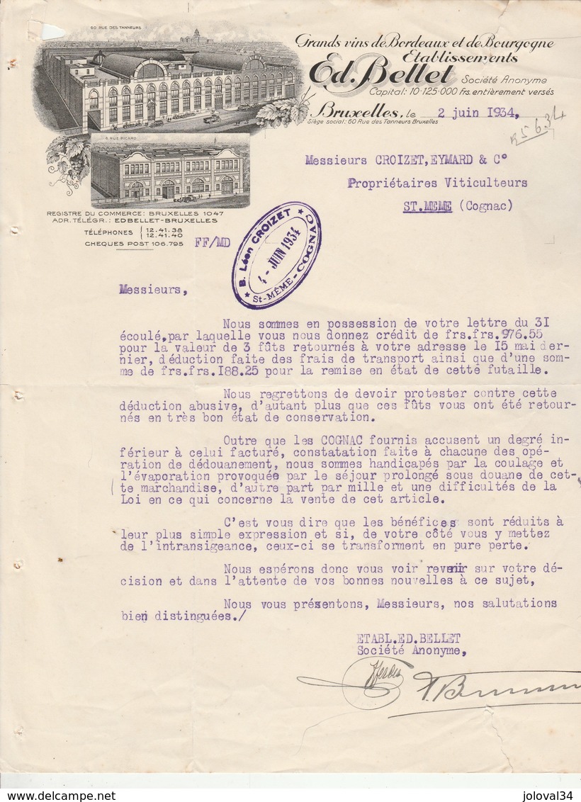 Belgique Lettre Illustrée 2/6/1934 Ed BELLET Grans Vins Bourgogne Bordeaux  BRUXELLES - Déchirure - 1900 – 1949