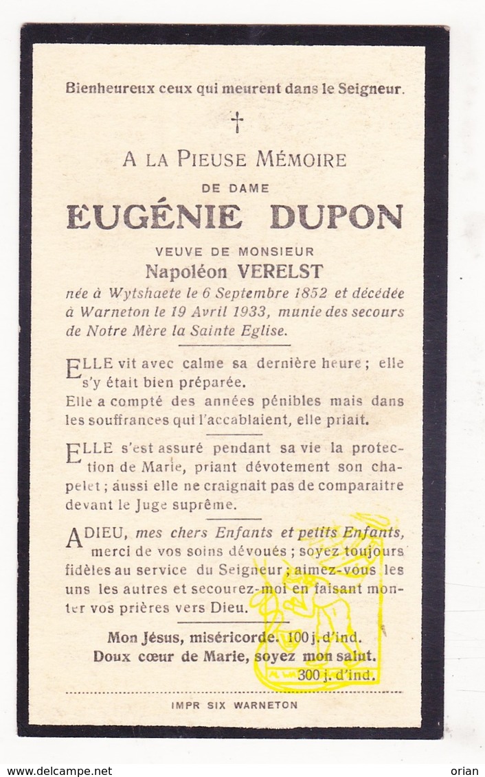 DP Eugénie Dupon ° Wijtschate Heuvelland 1852 † Warneton Waasten 1933 X Napoléon Verelst - Images Religieuses