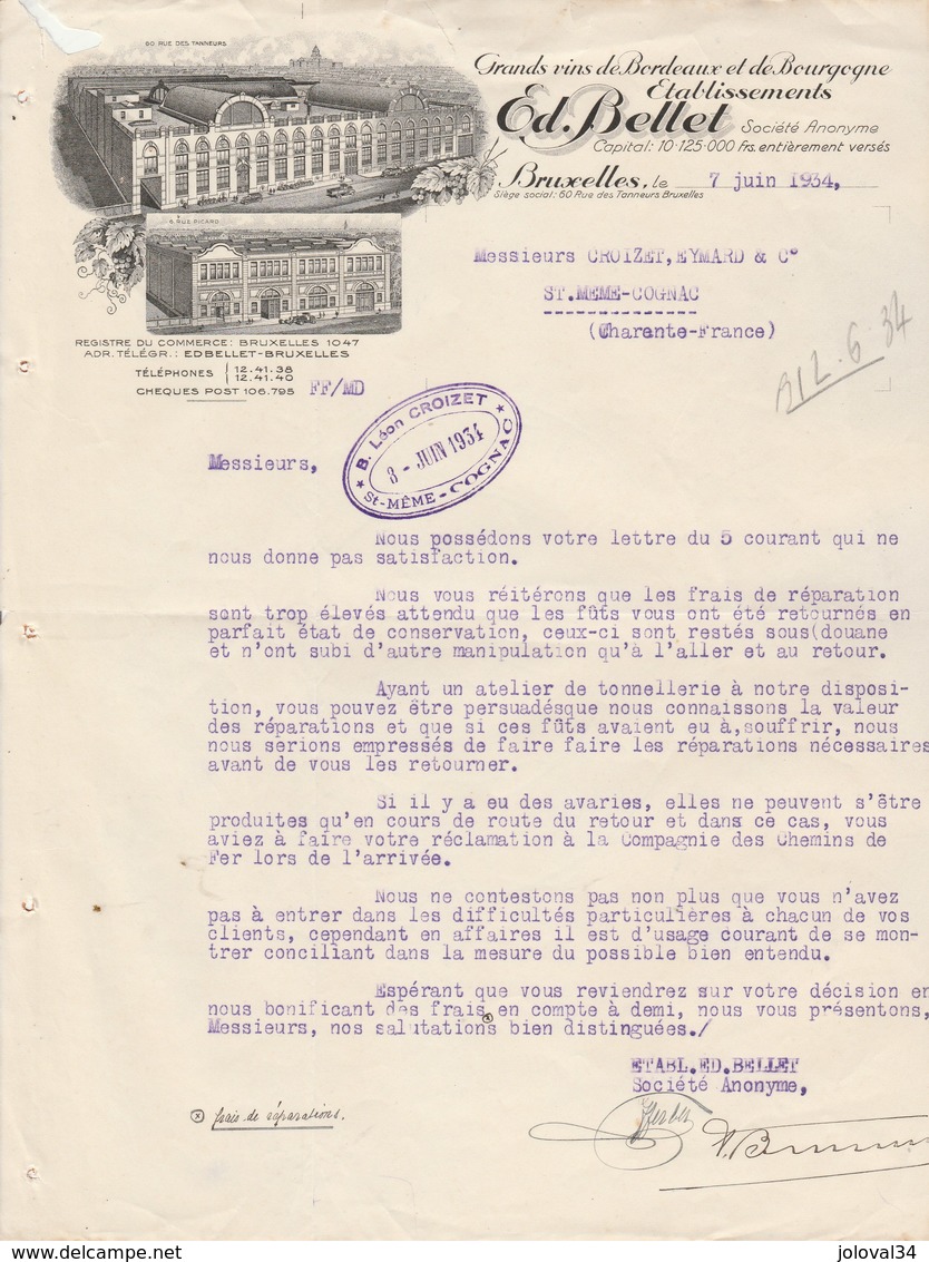 Belgique Lettre Illustrée 7/6/1934 Ed BELLET Grans Vins Bourgogne Bordeaux  BRUXELLES - Déchirure - 1900 – 1949