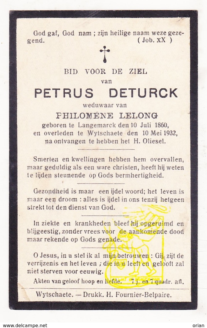 DP Petrus Deturck Denturck ° Langemark 1860 † Wijtschate Heuvelland 1932 X Philomène Lelong - Images Religieuses