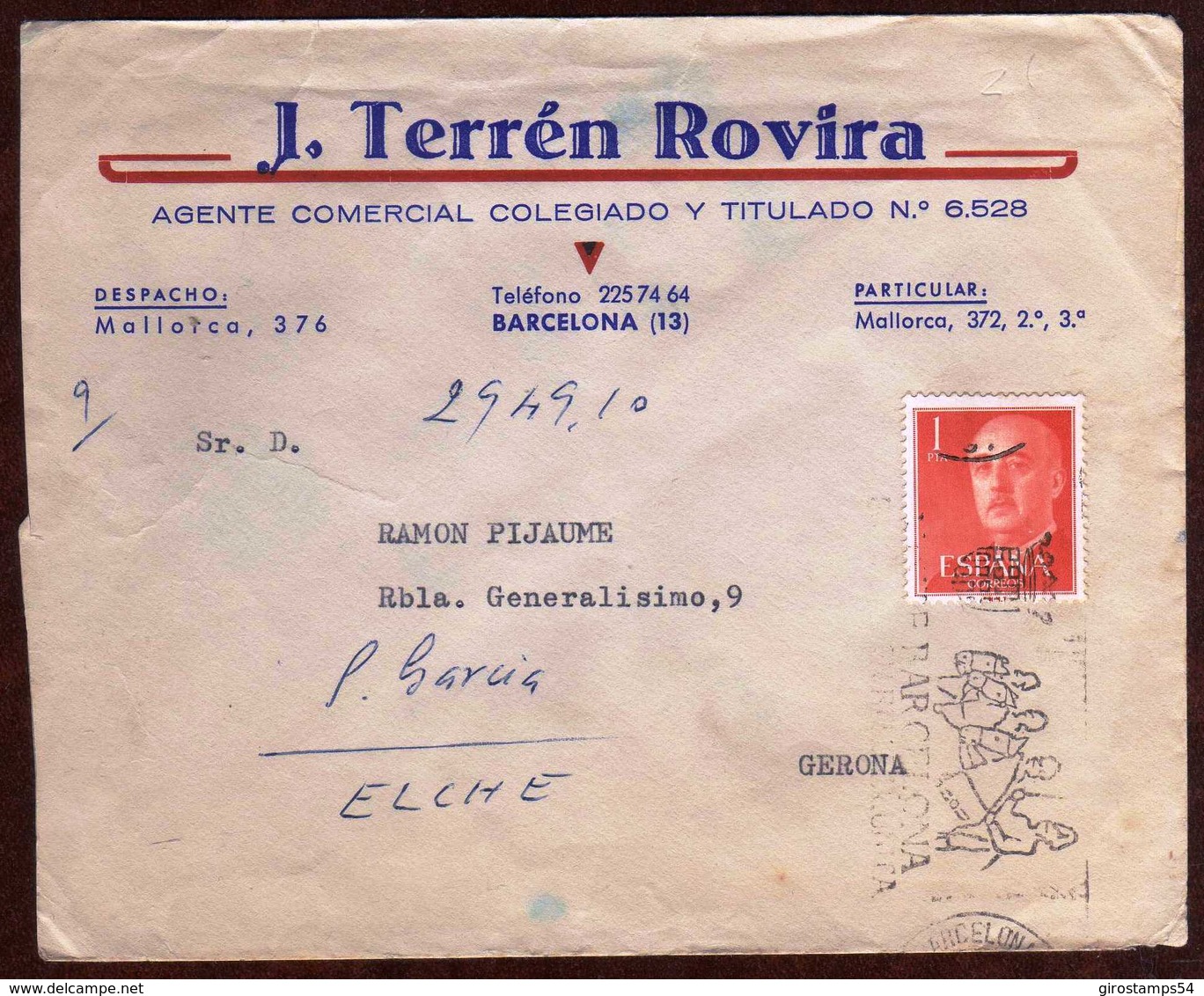 Girostamps54.- CARTA COMERCIAL CON MATASELLOS DE RODILLO DE BARCELONA CIRCULADA A ELCHE - Cartas & Documentos