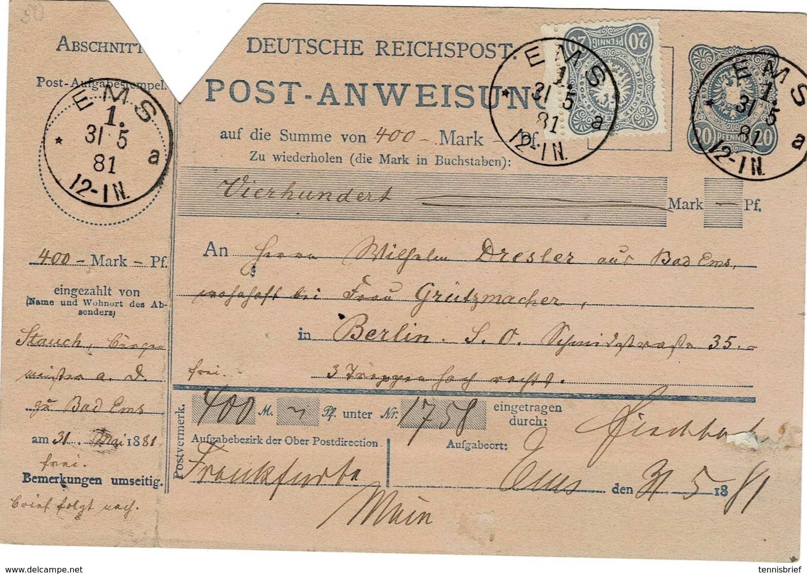 1881, Postanweisung Mit Zusatzfrankatur, Bedarf  , #9235 - Briefe U. Dokumente