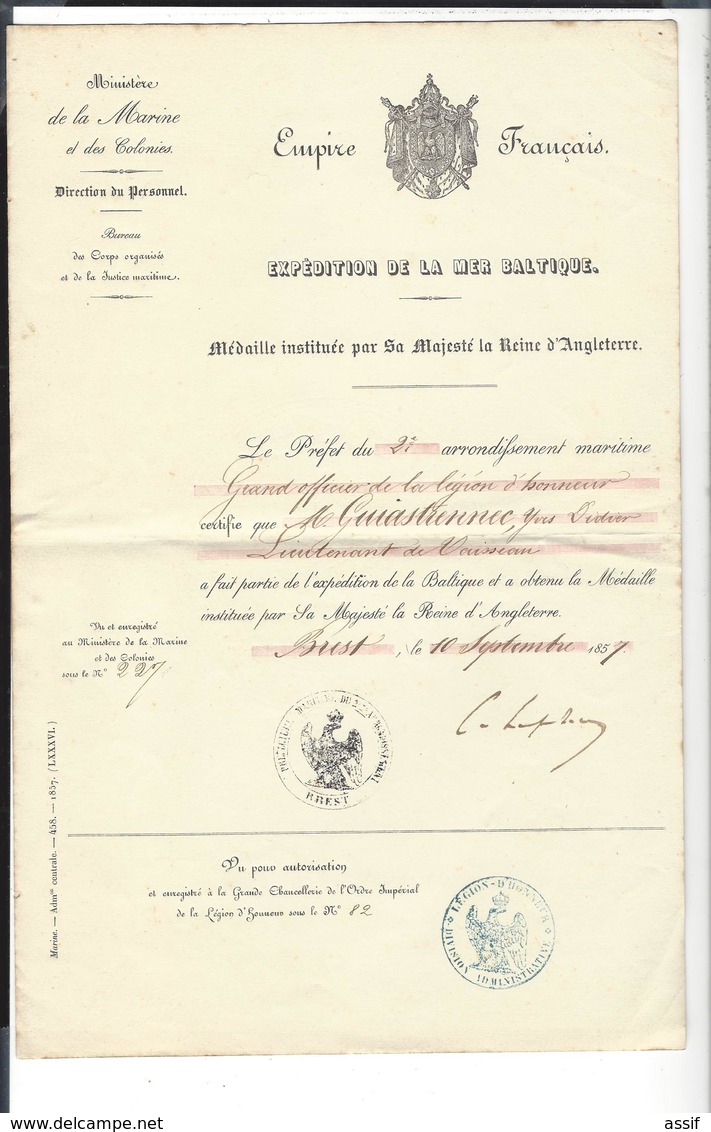 EMPIRE FRANCAIS Expédition De La Mer Baltique Médaille S.M. La Reine D'Angleterre  ( Marine Colonies Brest 1857 ) - Documents