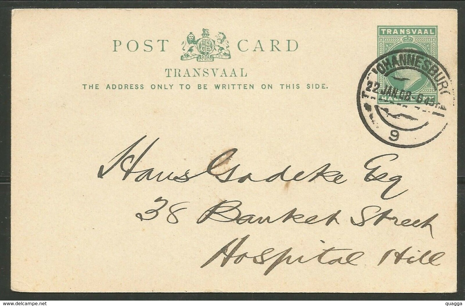 Transvaal 1908. JOHANNESBURG 9 On Local Used Postcard. - Transvaal (1870-1909)