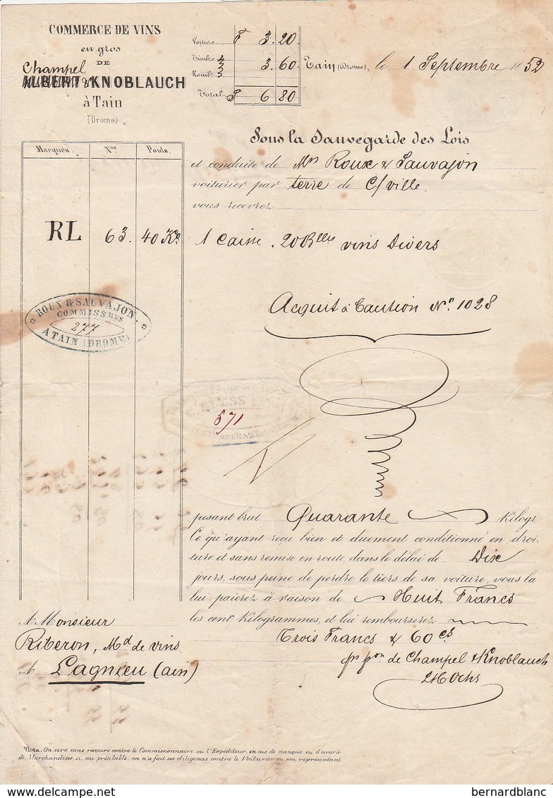 VP 1 FEUILLE - 1852 - LETTRE DE VOITURE - COMMERCE DE VINS - TAIN DANS LA DROME - Manuscrits