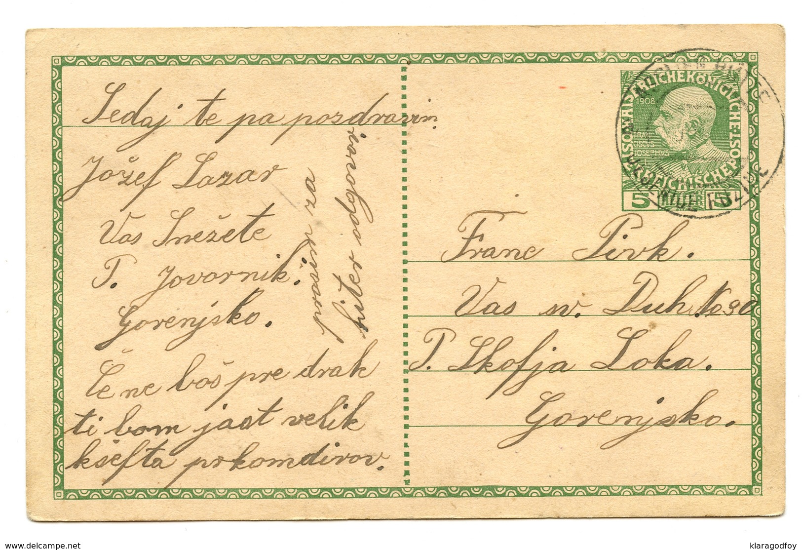 Austria Postal Stationery Postcard Travelled 191? Jesenice Fužine To Škofja Loka B190310 - Slovenia