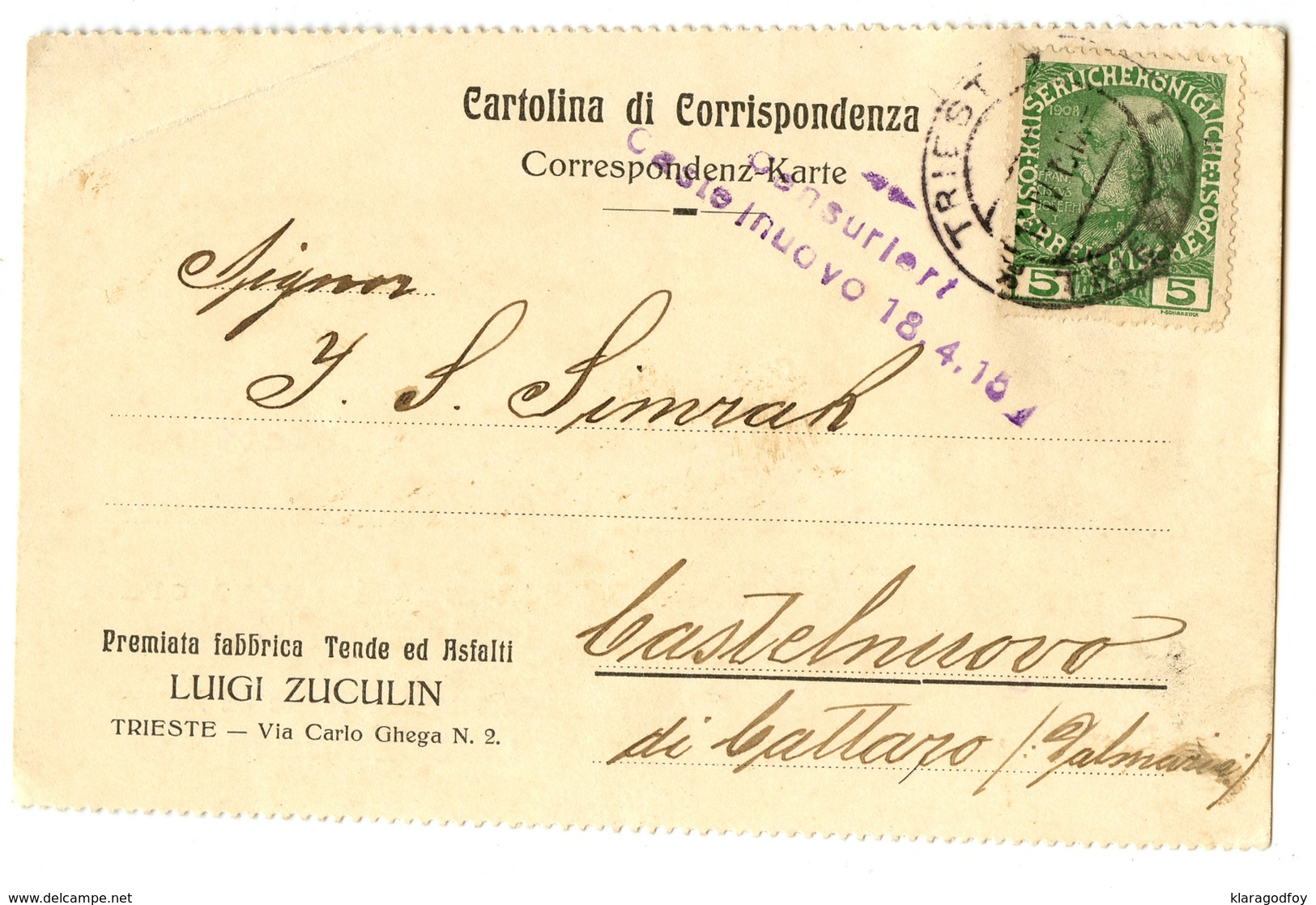 Luigi Zuculin Trieste Company Postcard Travelled WWI 1915 Censored Castelnuovo (Herceg Novi) B190310 - Montenegro