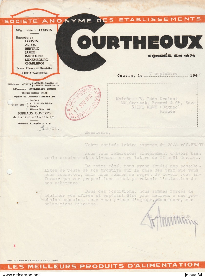 Belgique Lettre 7/9/1943 Ets COURTHEOUX Produits Alimentation COUVIN - 1900 – 1949