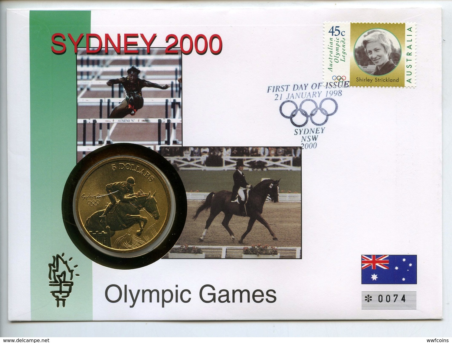 AUSTRALIA 5 $ 2000 BRONZE SIDNEY OLYMPIC GAMES EQUESTRIAN AUSTRALIAN LEGENDS STRICKLAND FIRST DAY OF ISSUE N°74 FDC UNC. - Collezioni