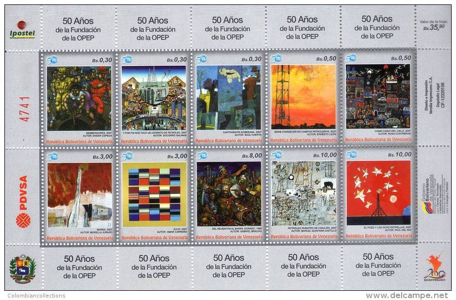 Lote V2010-2, Venezuela, 2010, 50 Años De La Fundacion De La Opep, OPEC, Oil Stamp, Mini Pliego, Sheet - Venezuela