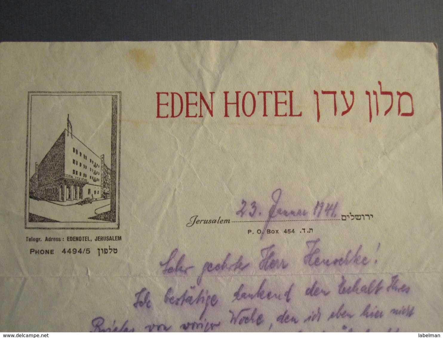 ISRAEL PALESTINE HOTEL EDEN JERUSALEM 1941 PAPER STATIONERY LETTER LOGO DESIGN ORIGINAL PHOTO - Manuscripts