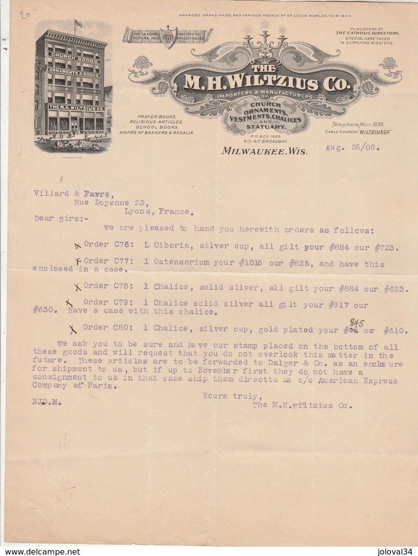 USA Facture Lettre Illustrée 26/8/1908 The M H WILTZIUS Co Church Ornaments Vestments Chalices MILWAUKEE Wis. - USA