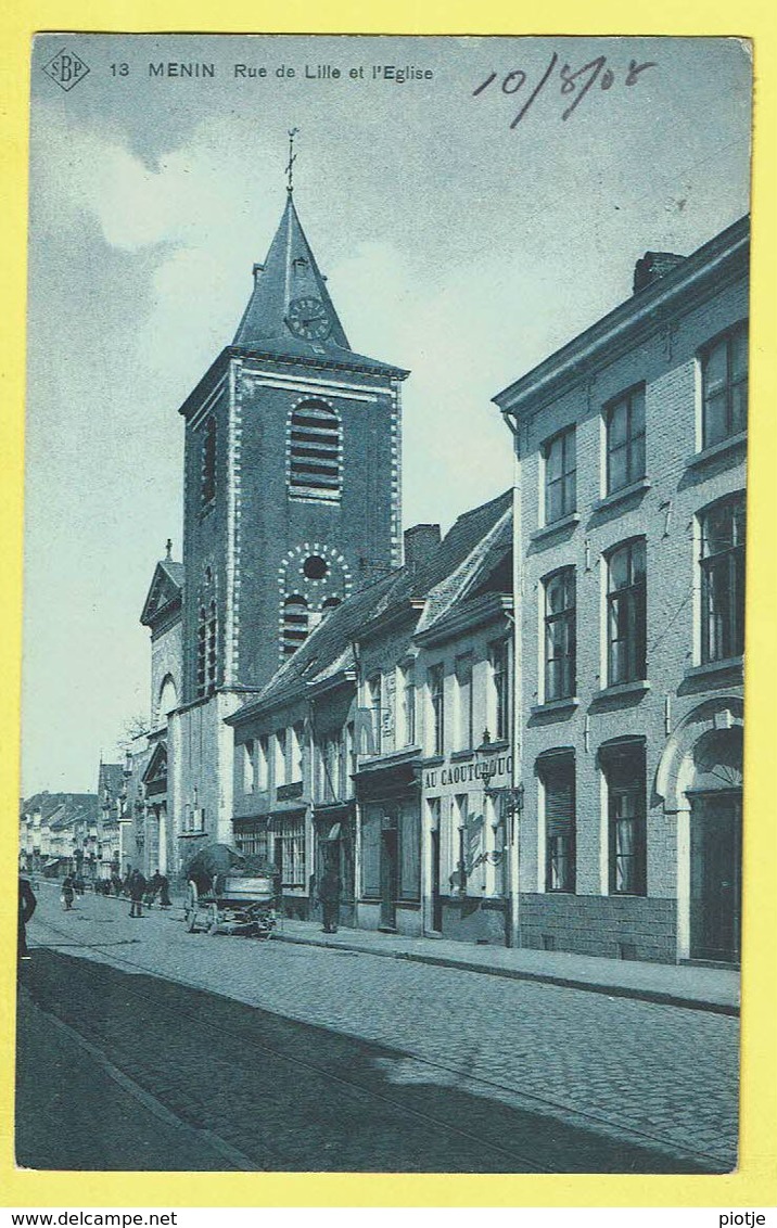 * Menen - Menin * (SBP, Nr 13) Rue De Lille Et église, Rijselstraat, Belle Animation, Char, Café, Au Caoutchouc, Kerk - Menen