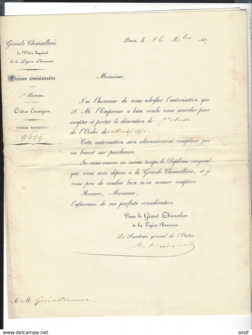 FIRMAN OTTOMAN Medjidié de Turquie 1857 pour Guiastrennec né à Landerneau ( expédition Crimée ) diplôme ordres étrangers