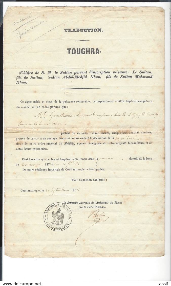 FIRMAN OTTOMAN Medjidié de Turquie 1857 pour Guiastrennec né à Landerneau ( expédition Crimée ) diplôme ordres étrangers