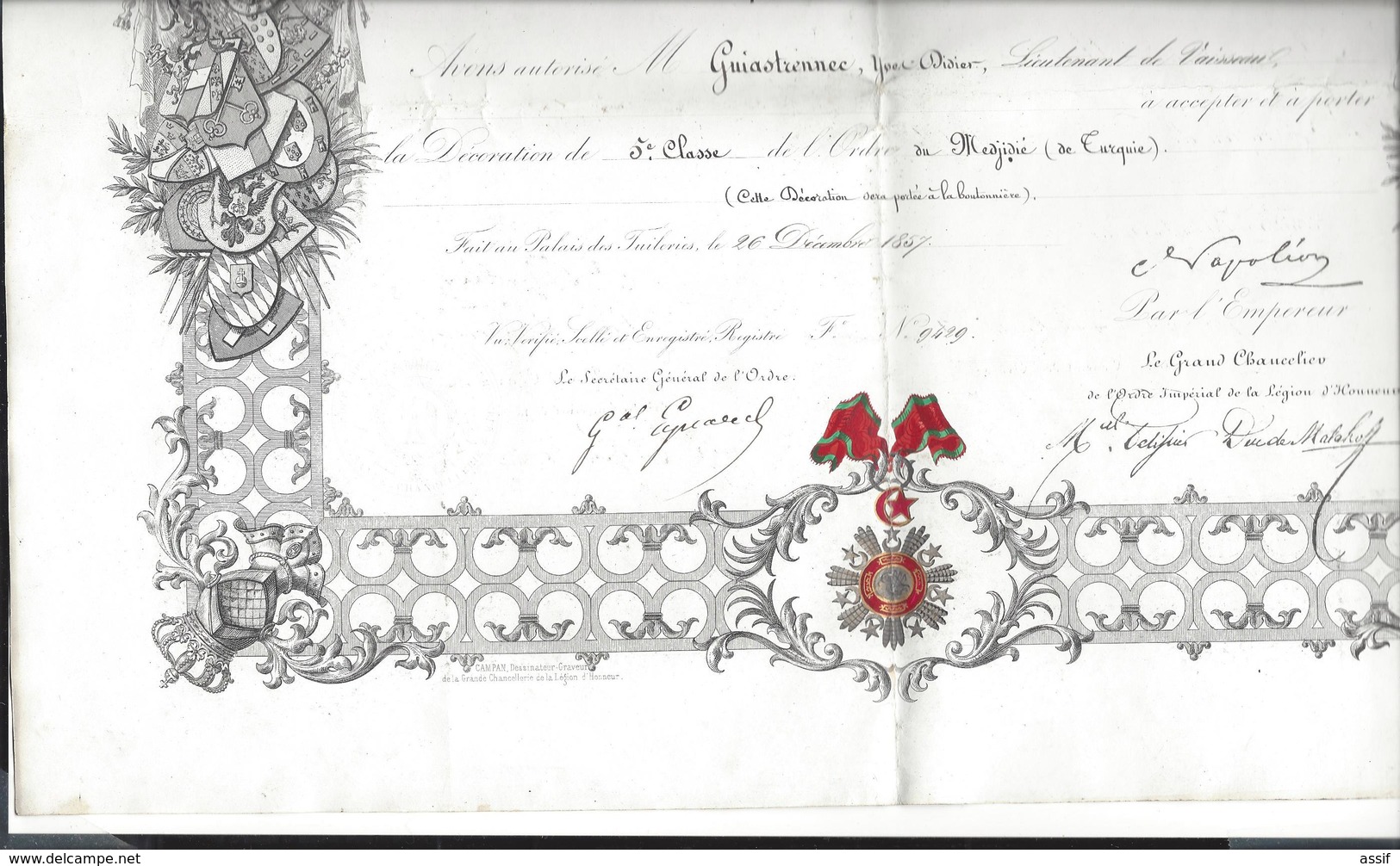 FIRMAN OTTOMAN Medjidié de Turquie 1857 pour Guiastrennec né à Landerneau ( expédition Crimée ) diplôme ordres étrangers