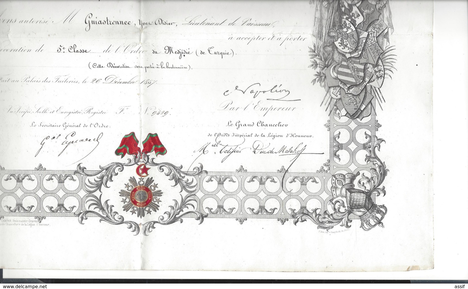 FIRMAN OTTOMAN Medjidié de Turquie 1857 pour Guiastrennec né à Landerneau ( expédition Crimée ) diplôme ordres étrangers