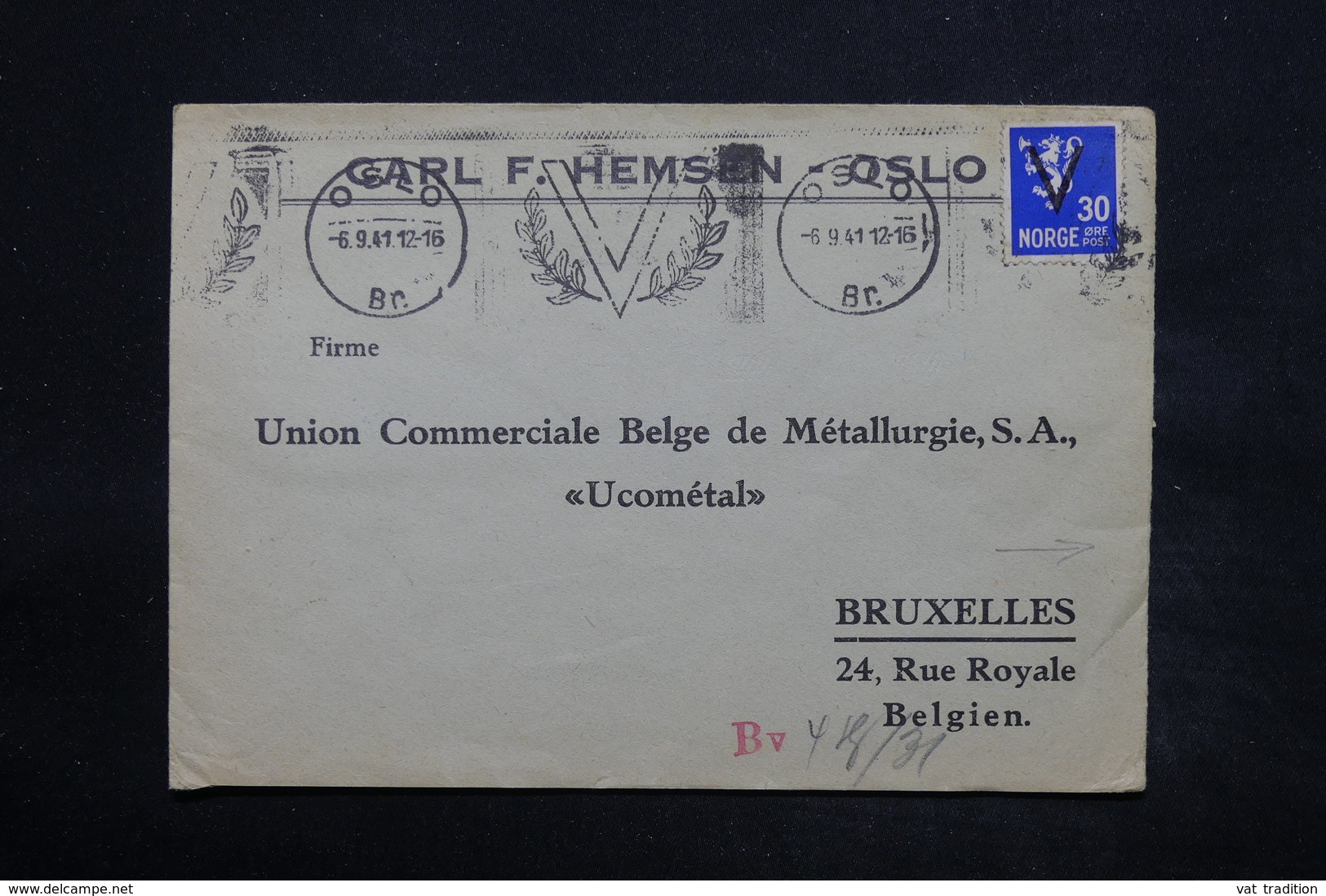 NORVÈGE - Enveloppe Commerciale De Oslo Pour Bruxelles En 1941 , Affranchissement Surchargé V, Contrôle Postal - L 25039 - Lettres & Documents
