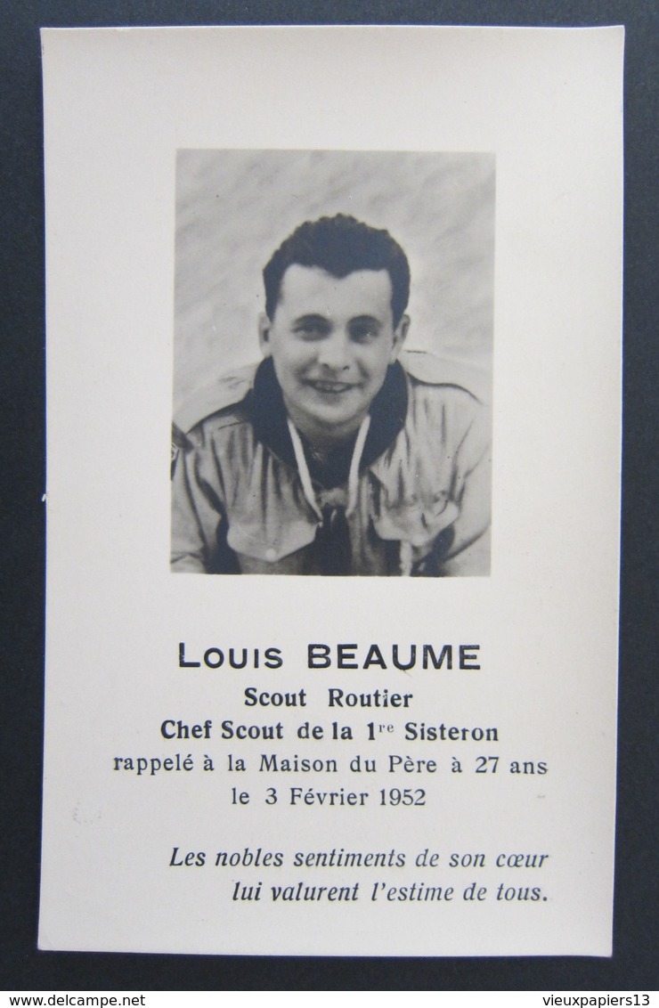 Rare Image Pieuse Mortuaire Décès Louis Beaume SCOUT ROUTIER Chef Scout De La 1re Sisteron (Alpes) 1952 - Scoutisme - Images Religieuses