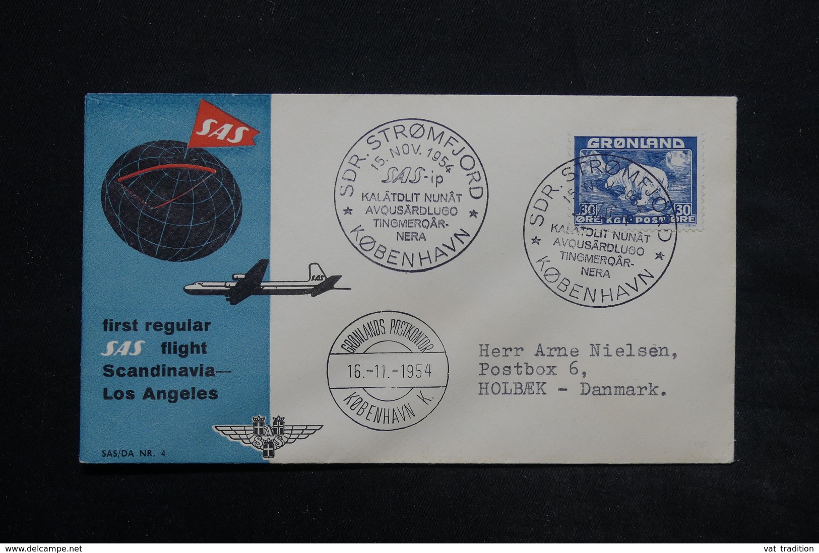 GROENLAND - Enveloppe 1 Er Vol Scandinavia / Los Angeles En 1954 , Affranchissement Plaisant - L 25053 - Storia Postale