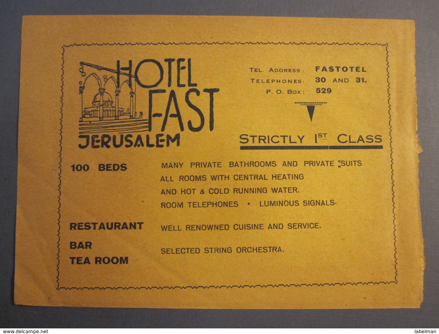 ISRAEL PALESTINE HOTEL FAST TIBERIAS JERUSALEM 1930 ADVERTISING DESIGN ORIGINAL - Advertising