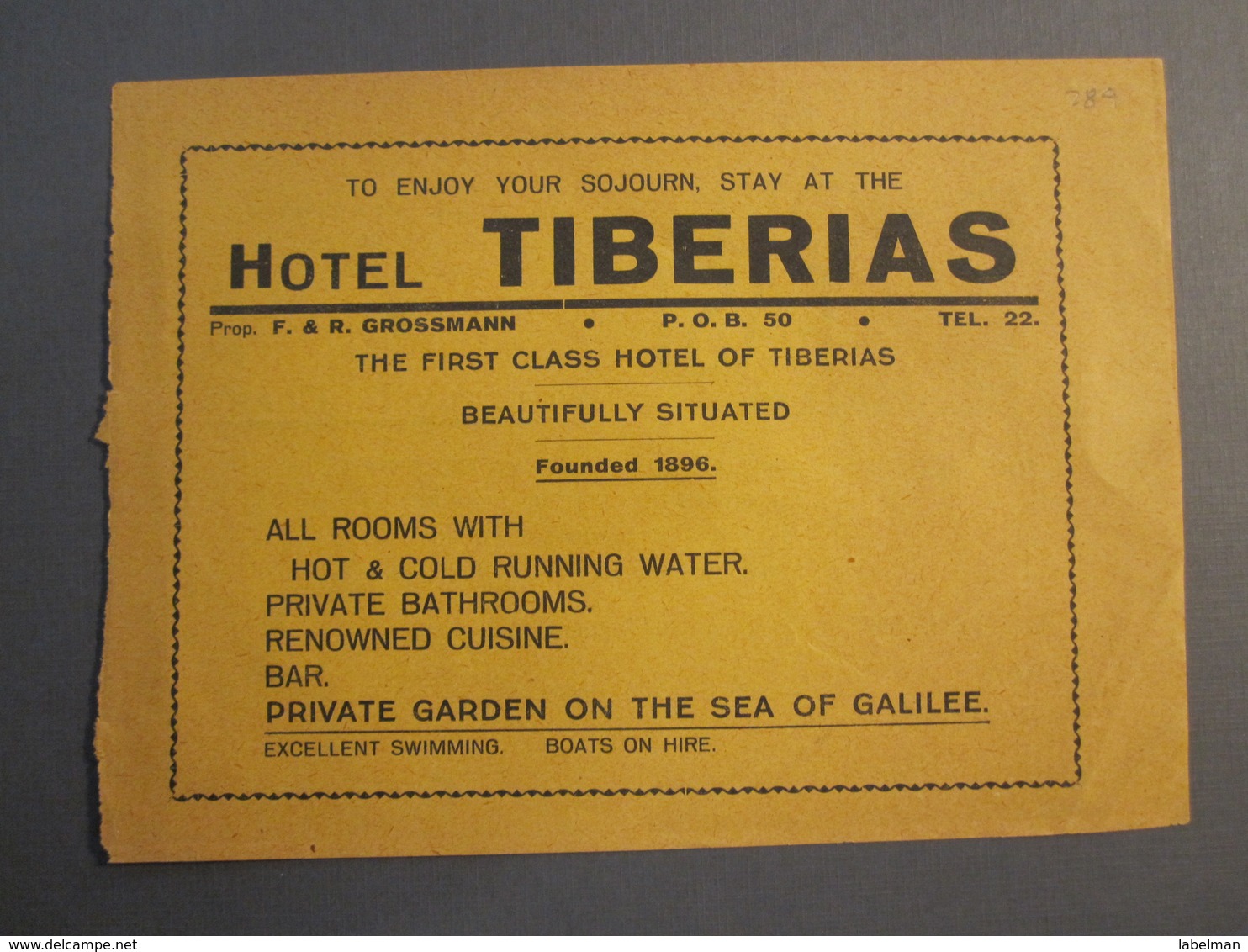 ISRAEL PALESTINE HOTEL FAST TIBERIAS JERUSALEM 1930 ADVERTISING DESIGN ORIGINAL - Advertising