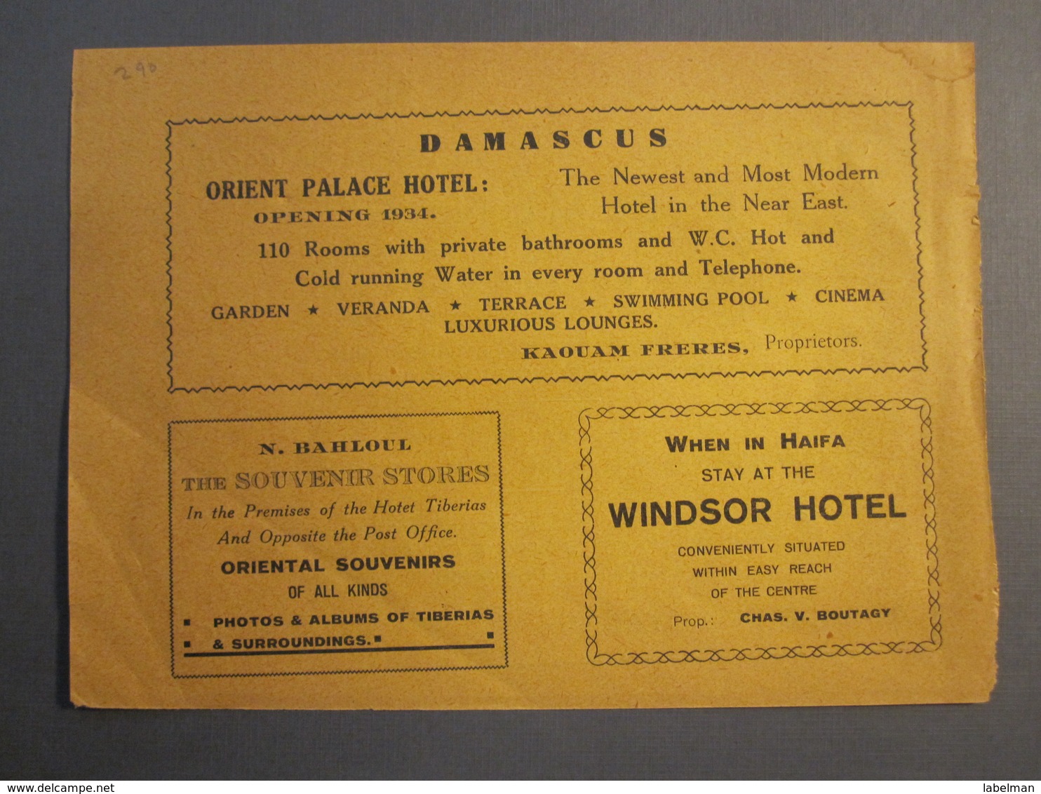 ISRAEL PALESTINE SIRIA HAIFA HOTEL WINDSOR ORIENT PALACE DAMASCUS MUNARI JERUSALEM 1930 ADVERTISING DESIGN ORIGINAL - Advertising