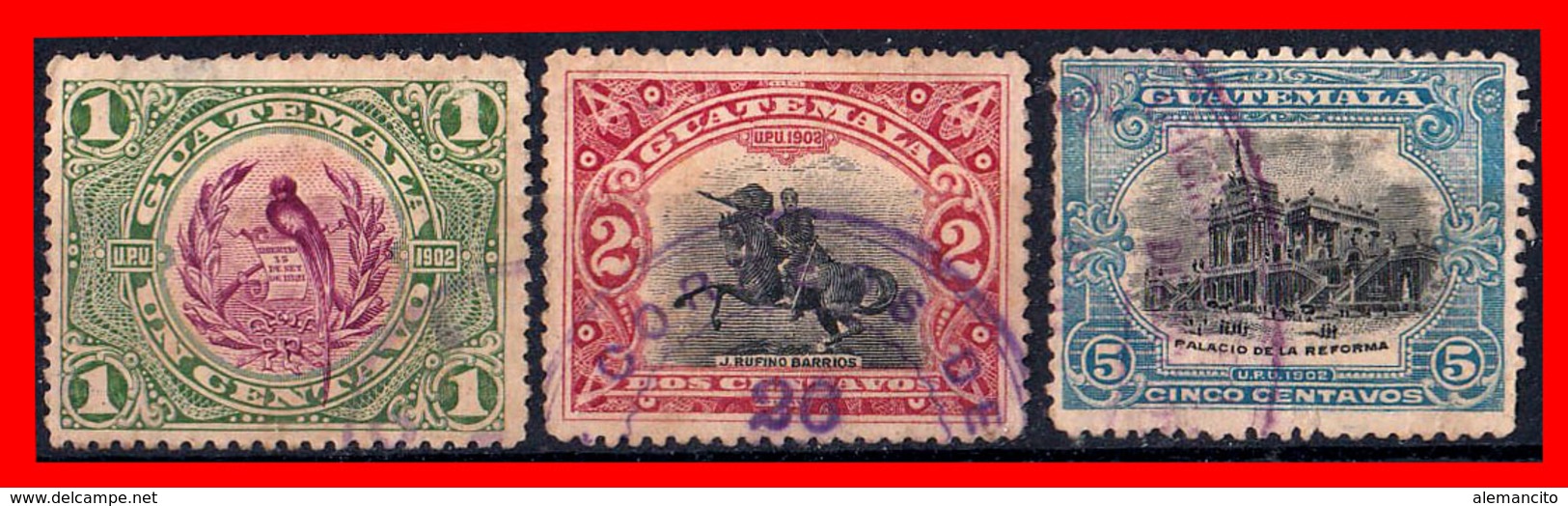 GUATEMALA (AMERICA DEL NORTE) 3 SELLOS AÑO 1902 SÍMBOLOS NACIONALES. - Guatemala