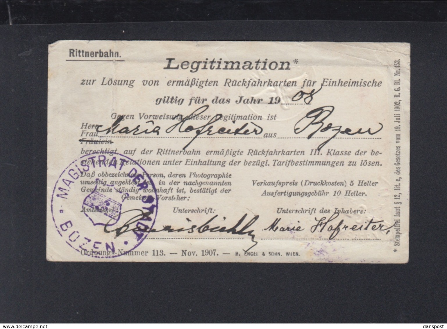 Italien Italia Tirol Legitimation Fahrkarten Rittnerbahn Bozen Bolzano 1908 Eisenbahn - Altri & Non Classificati